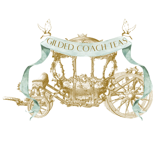 Gilded coach teas logo, Cinderellas Carriage with ribbon banner held up by doves