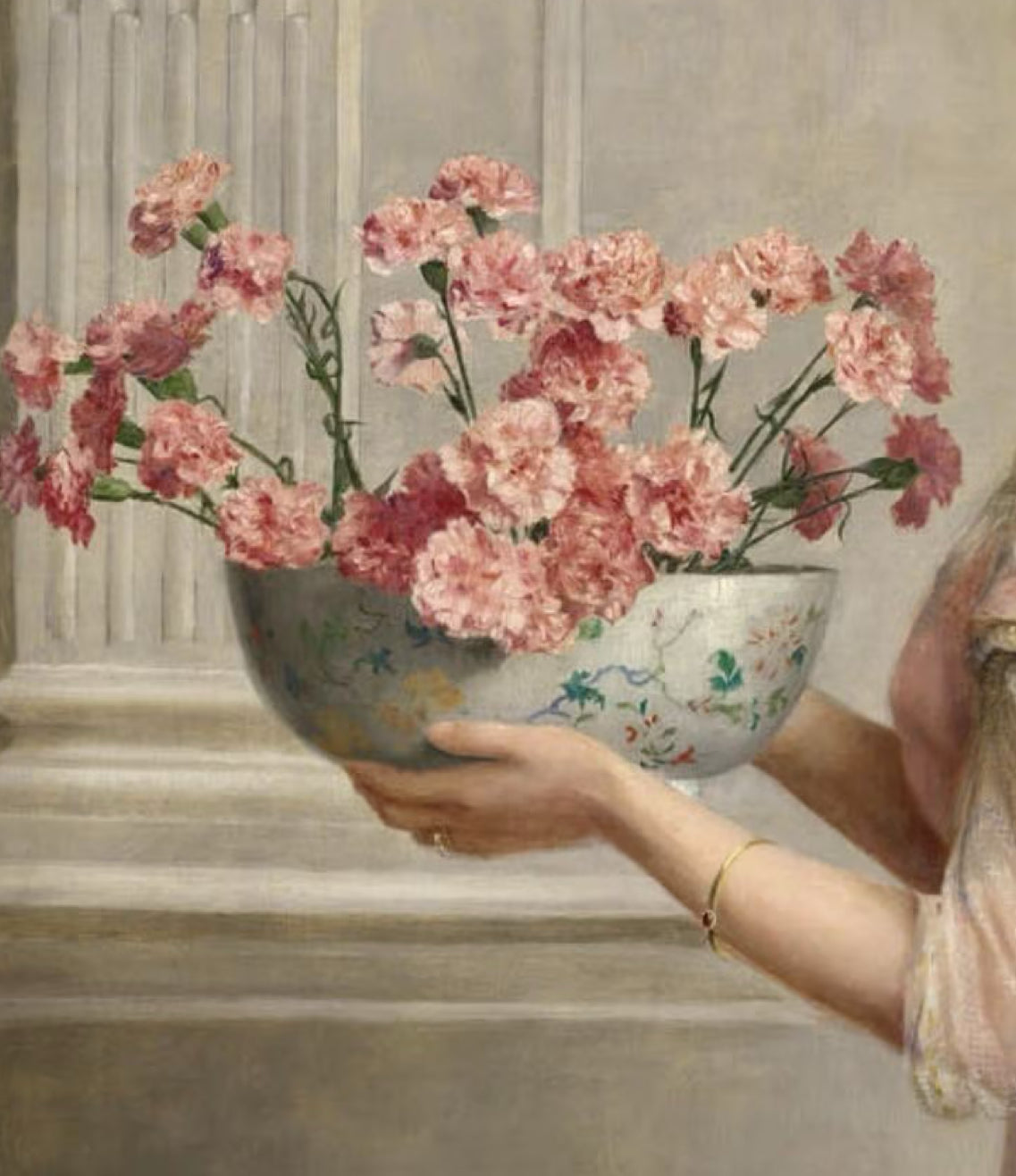 Detail of John Collier (1850-1934) "Portrait of a Woman in Pink Carrying a Vase of Pink Carnations"