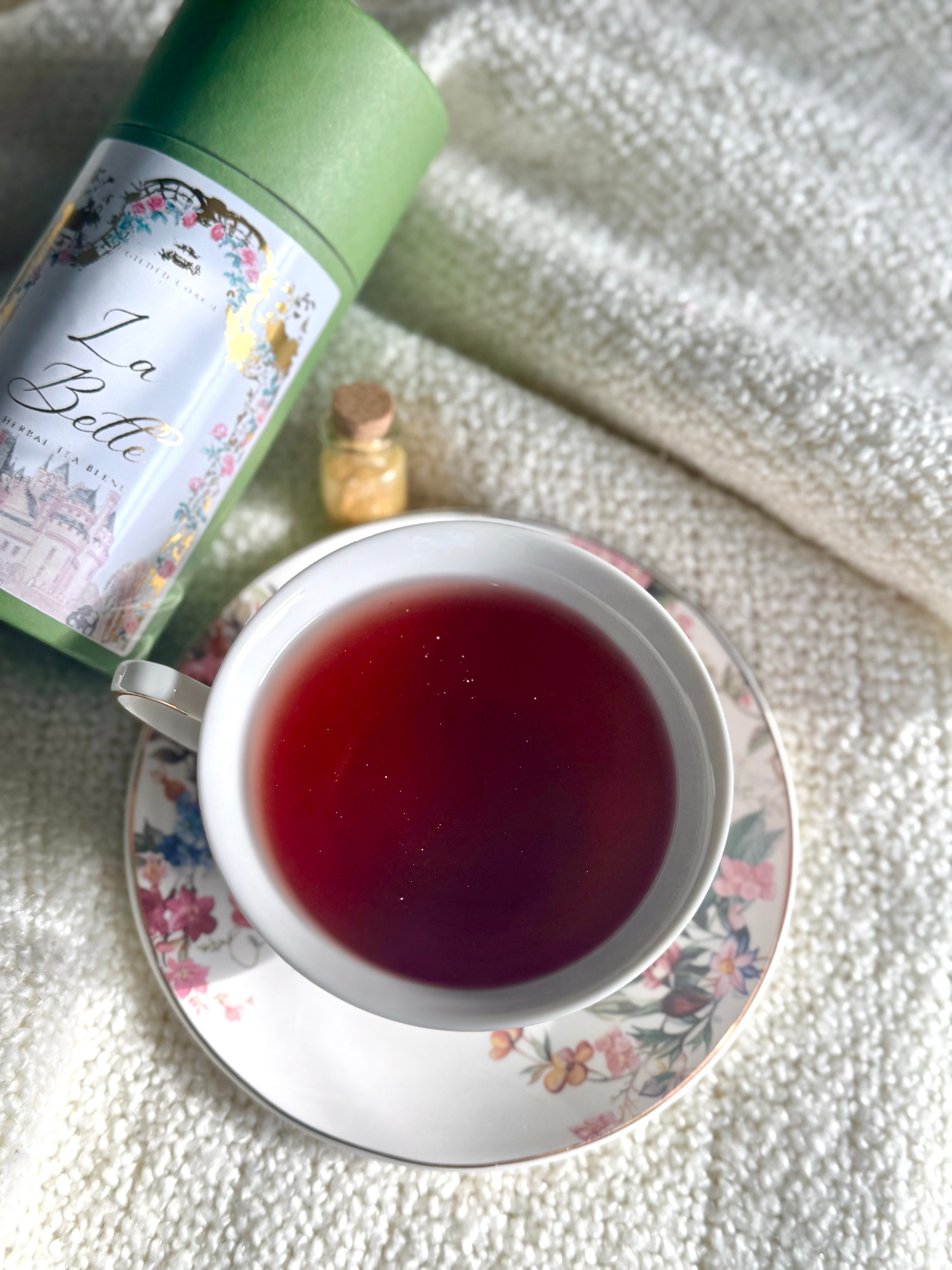 La Belle {chocolat chaud du rose} Rose hot chocolate herbal tea inspired by Beauty and the Beast from Gilded Coach Teas